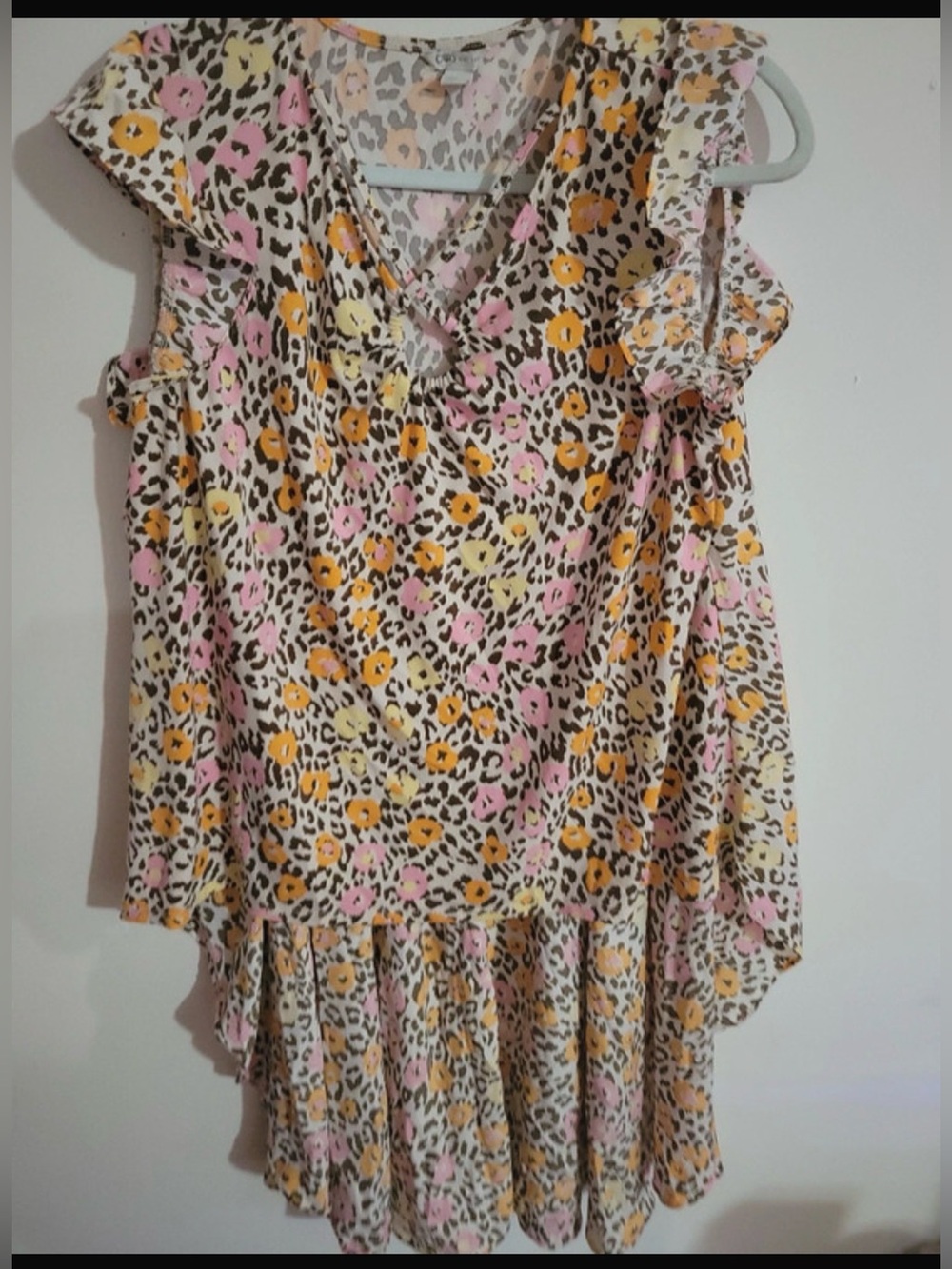 Catos Leopard Floral Ruffle Tank Hi-Low Top - Pink, Yellow & Cream